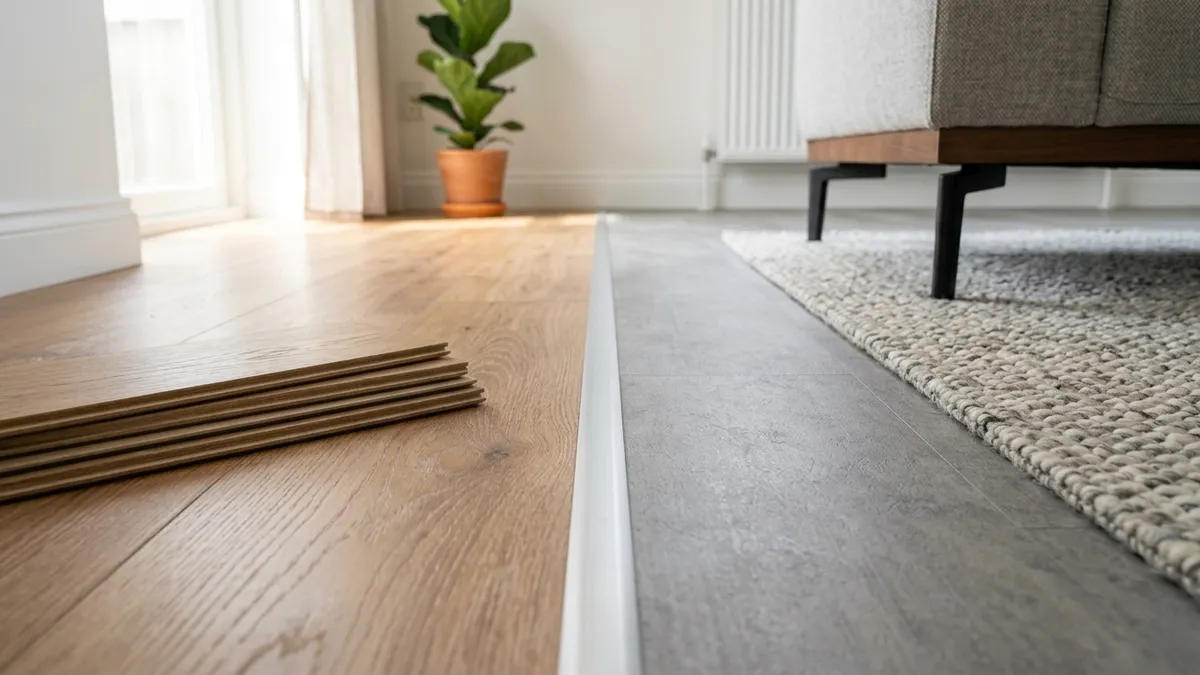 Panele laminowane w odcieniu dębu i szare panele winylowe stykające się na listwie przejściowej w salonie