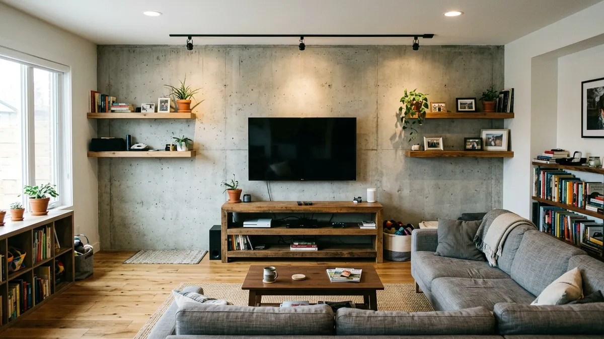 Beton w salonie – industrialny akcent