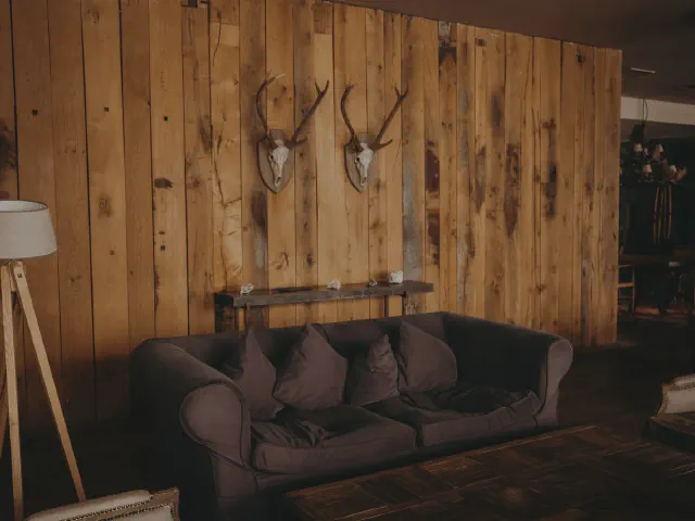 Ściana z nieregularnych desek o widocznych słojach i sękach, poroża na ścianie, ciemna sofa i lampa podłogowa na trójnogu