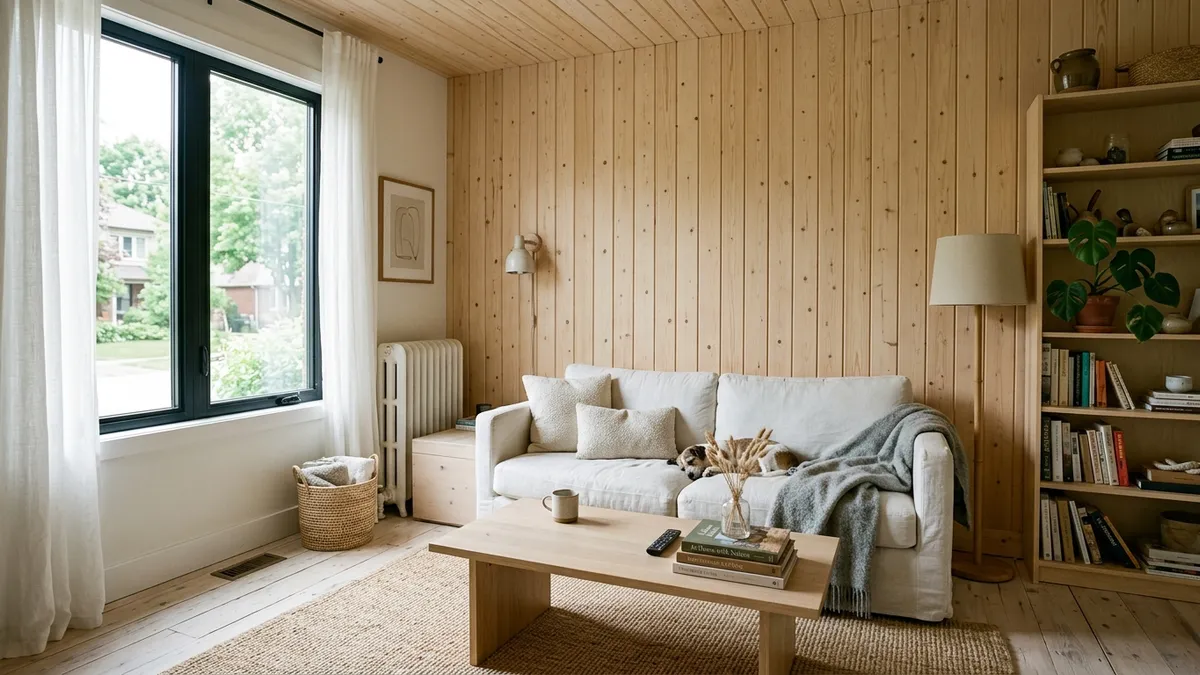 Drewno na ścianie w salonie – naturalny klimat - inspiracje