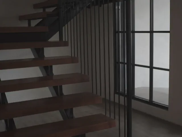 Otwarte schody z ciemnymi drewnianymi stopniami na stalowej konstrukcji, obok pionowe pręty balustrady i okno w czarnej ramie